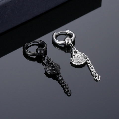 Punk Stainless Steel Shell Pendant Tassel Hoop Earrings For Men Women 316L Titanium Steel Conch Chain Drop Earrings Jewelry