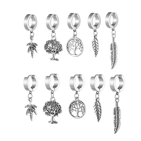 Vintage Hip Hop Edelstahl Ohrringe Set Lebensbaum Ahornblatt Feder Anhänger Huggie Creolen Für Herren Damen Schmuck