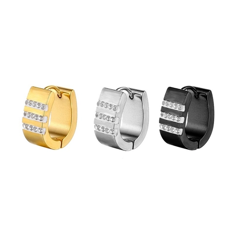 Stainless Steel U Shaped Huggie Hoop Earrings With Triple Row Zirconia Rhinestone Polished Jewelry For Men Women