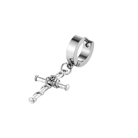 Gothic Stainless Steel Rose Cross Hoop Earrings Vintage Punk Flower Cross Pendant Earrings for Men Women Jewelry Gift