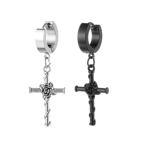 Gothic Stainless Steel Rose Cross Hoop Earrings Vintage Punk Flower Cross Pendant Earrings for Men Women Jewelry Gift