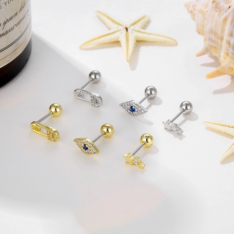 316L Stainless Steel Copper Zirconia Evil Eye Star Safety Pin Stud Earrings For Women Tragus Piercing Gold Silver Plated Jewelry Accessory