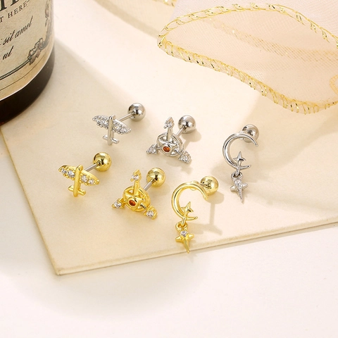 Stainless Steel Copper Zirconia Cartilage Stud Earrings Minimalist Airplane Star Moon Triangle Shape Piercing Jewelry Women