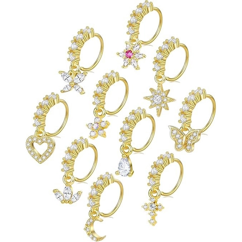 18K Gold Plated Copper Zirconia Nose Ring Hoop With Butterfly Cross Star Moon Heart Dangle Piercing Body Jewelry For Women Men