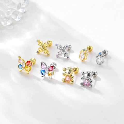 Kupfer Zirkonia Ohrstecker Mit 316L Edelstahl Ohrstecker-Stift Schmetterling Bär Kreuz Totenkopf Helix Piercing Schmuck Für Damen