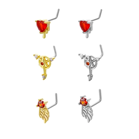 L-Shaped Copper Zirconia Nose Studs 20G Heart Star Wing Style Gold Silver Plated Body Piercing Jewelry For Women Men