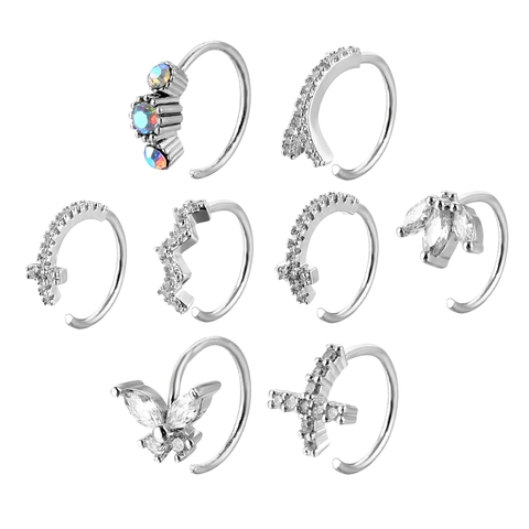 Copper Micro-pave Zircon Nose Ring Adjustable Butterfly Cross Marquise Leaf Nose Piercing Jewelry For Women Men Silver
