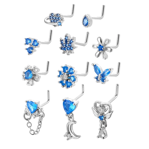Kupfer L-Form Nasenstecker Für Damen Piercing Schmuck Edelstahl Stab Eingelegt Blau Zirkonia Herz Schmetterling Blume Stil