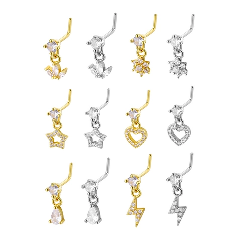 Kupfer Zirkonia L-Nasenstecker Mit Herz Stern Blume Anhänger Edelstahl Body Piercing Schmuck Für Damen Herren
