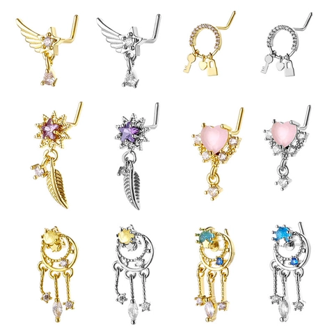 20G L-Form Kupfer Zirkon Nasenstecker Für Damen Stern Mond Herz Flügel Anhänger Körper Piercing Schmuck Gold Silber Nasenring