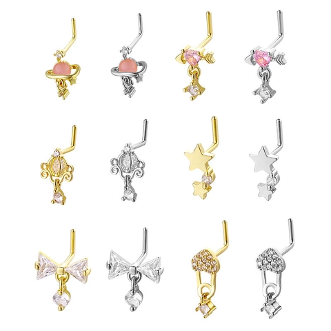 Bijou de Nez Sexy Forme en L 20G en Cuivre Zircone pour Femme Étoile Cœur Planète Couronne Nœud Papillon Piercing