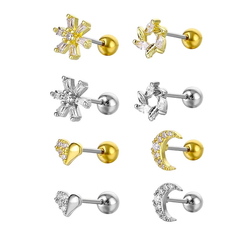 Kupfer Zirkon Blume Herz Mond Helix Ohrstecker Mit 316L Edelstahl Stift Gold Silber Eleganter Schmuck Für Damen