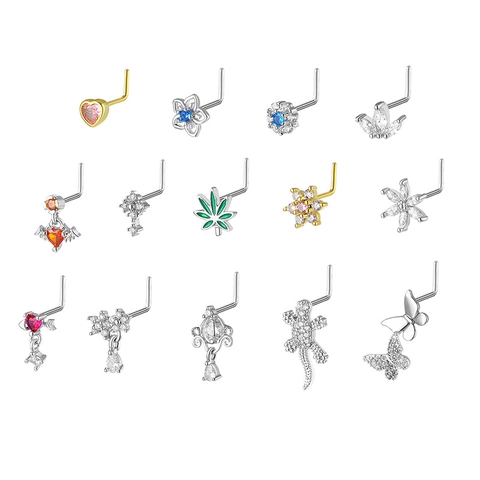 Kupfer Zirkonia L-Nasenstecker Für Damen Sexy Piercing Schmuck Herz Blume Schmetterling Blatt Design Gold Silber Vergoldet