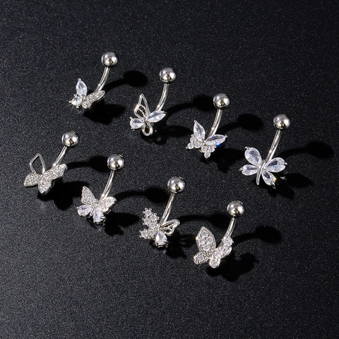Roestvrij Staal Koper Vlinder Navelpiercing Met Zirkonia Piercing Lichaamssieraden Voor Vrouwen Mode Zilveren Navelring