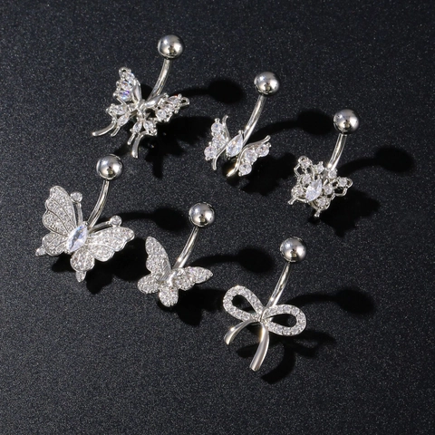 Zirconia Inlaid Copper Butterfly Belly Button Ring For Women Sexy Navel Piercing Jewelry Silver Butterfly Bow Body Jewelry
