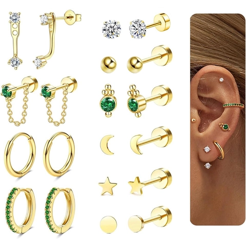 Pendientes De Botón Y Aros De Acero Inoxidable Joyas De Perforación Con Circón Corazón Estrella Luna Rayo Para Mujer