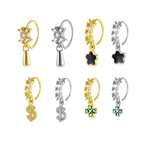 Copper Nose Ring Zirconia Inlaid Dollar Sign Clover Flower Drop Pendant Piercing Jewelry Gold Silver Plated For Unisex