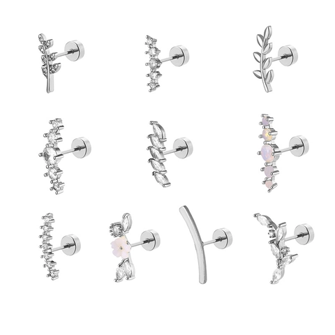 316L Edelstahl Zirkonia Blatt Blume Ohrstecker Für Damen Minimalistische Labret Piercing Schmuck Flachrücken Ohrring