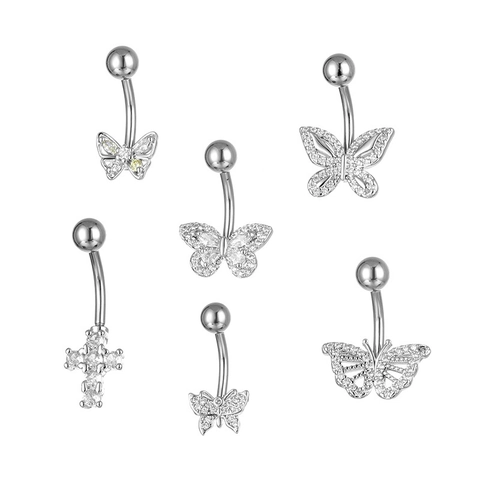 Schmetterling Kreuz Bauchnabelring Edelstahl Kupfer Zirkonia Eingelegt Gebogene Stange Piercing Schmuck Für Damen Silber