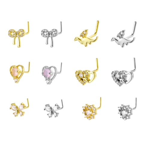L-Förmige Kupfer Zirkonia Nasenringe Schmetterling Herz Dinosaurier Nasenstecker Gold Silber Farben Piercing Schmuck Für Damen Herren