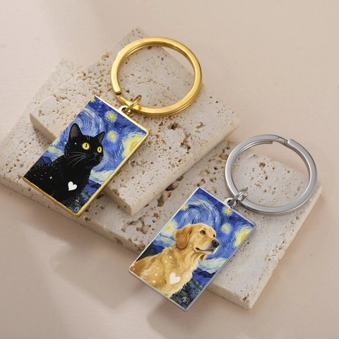 Portachiavi in Acciaio Inossidabile 304 Stile Notte Stellata Gatto Cane Rettangolare Pendente Artistico Stampato Regalo Gioielli