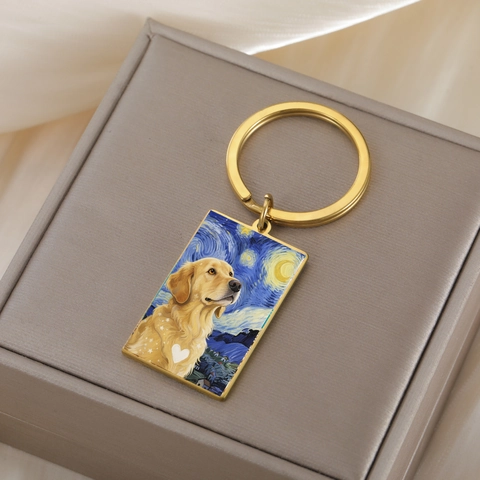 Portachiavi in Acciaio Inossidabile 304 Stile Notte Stellata Gatto Cane Rettangolare Pendente Artistico Stampato Regalo Gioielli