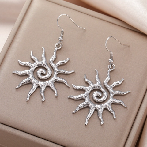 Stainless Steel Spiral Sun Dangle Earrings For Women Vintage Hammered Texture Sunburst Drop Earrings Gold Silver Fashion Party Jewelry