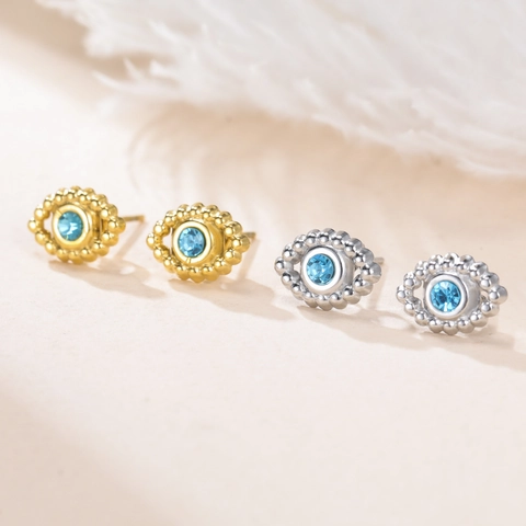 Orecchini a Bottone in Acciaio Inossidabile 304 Con Zirconia Blu e Malocchio Oro Argento Placcati Gioielli Bohemian Per Donna