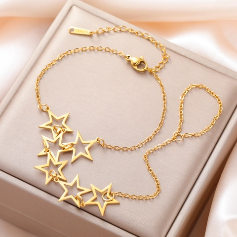 Women's 304 Stainless Steel Ring Bracelet Integrated Chain Minimalist Heart Hollow Star Hand Harness Jewelry Zirconia Adjustable Chain Jewelry Gift