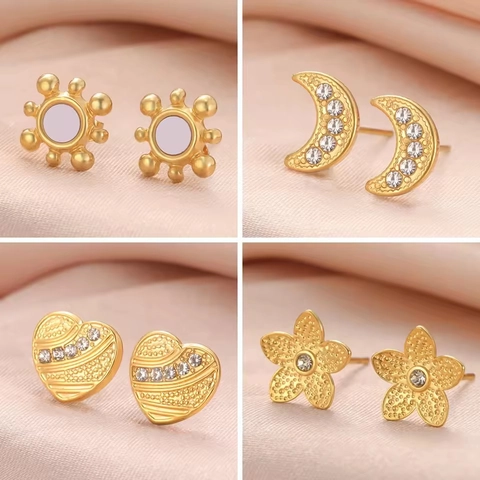 Stainless Steel Zircon Sun Moon Heart Bowknot Flower Stud Earrings For Women Minimalist 304 Stainless Steel Jewelry Gift
