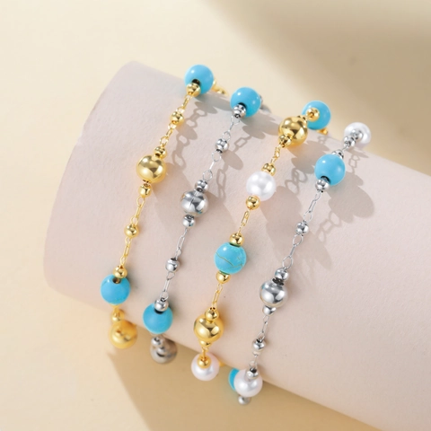 Braccialetto a Perline in Acciaio Inossidabile Bohemian per Donna Placcato Oro 18K Turchese Perla Artificial Sintetica Gioielli Vacanza