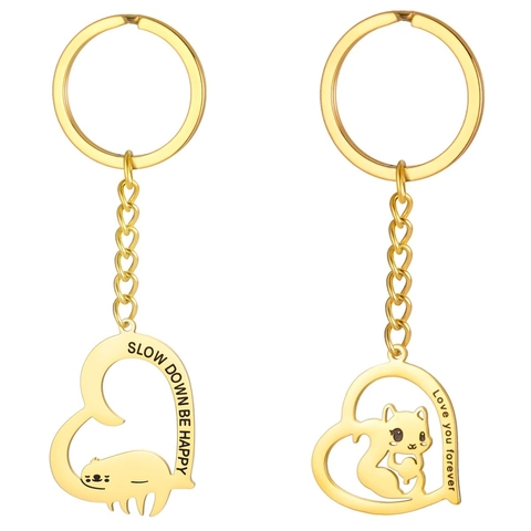 304 Edelstahl Eichhörnchen Faultier Herz Schlüsselanhänger Für Damen Herren Slow Down Be Happy Gravur Schlüsselring Geschenk