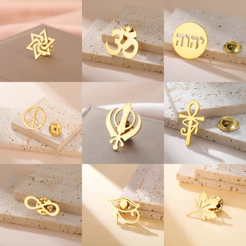 Spilla da Bavero in Acciaio Inossidabile Vintage Per Uomo Donna Religiosa Om Infinito Pace Khanda Ankh Occhio di Horus Foglia Gioielli
