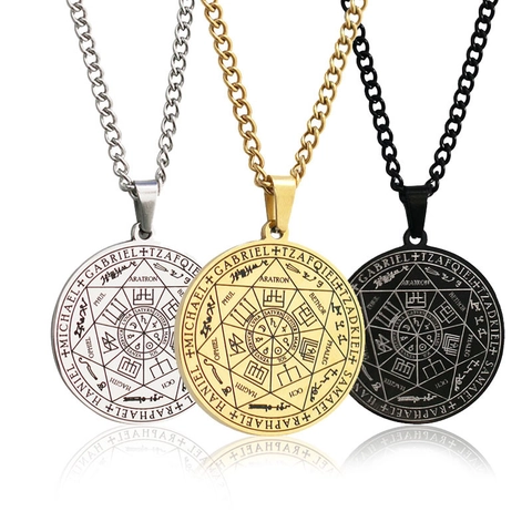 Collar con Colgante de Sello de los Siete Arcángeles de Acero Inoxidable Místico Amuleto Religioso para Hombre Mujer Joyería Redonda Retro