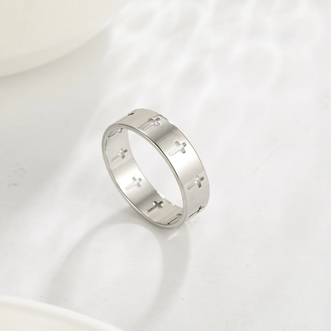Stainless Steel Ring Hollow Cross Religious Faith Polished Band Jewelry For Men Women Minimalist Casual