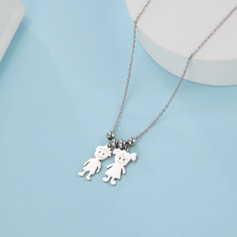 Boy Girl Cartoon Pendant Necklace Stainless Steel Family Jewelry Gold Silver Plated Dainty Necklace For Women Men Gift