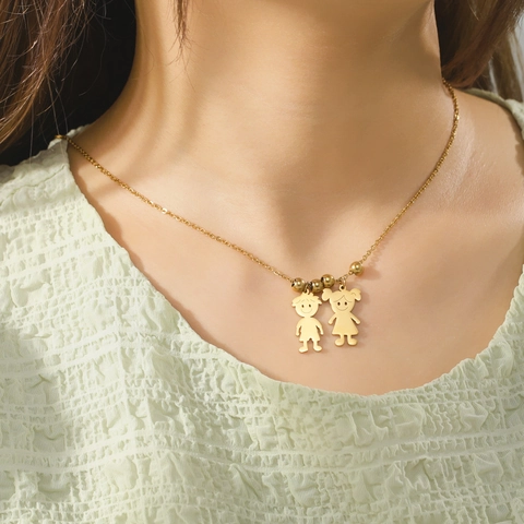 Boy Girl Cartoon Pendant Necklace Stainless Steel Family Jewelry Gold Silver Plated Dainty Necklace For Women Men Gift