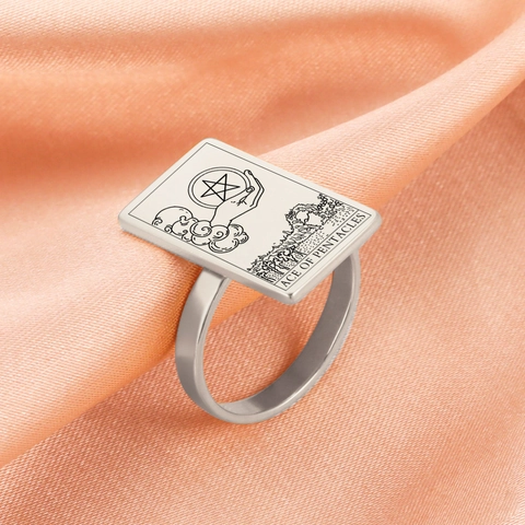 Anillo de Carta de Tarot de Acero Inoxidable 304 Vintage para Mujer Hombre As de Oros Rectángulo Anillo de Sello Oro Plata Joyería