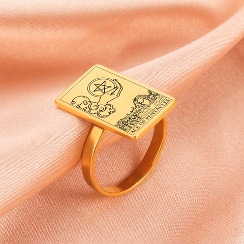 Anillo de Carta de Tarot de Acero Inoxidable 304 Vintage para Mujer Hombre As de Oros Rectángulo Anillo de Sello Oro Plata Joyería