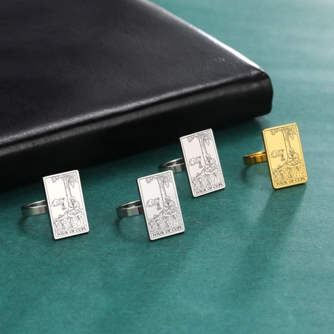 Vintage Stainless Steel Tarot Card Ring Rectangle Engraved Cups Suit Mystical Jewelry For Women Men Unisex Minimalist Gift