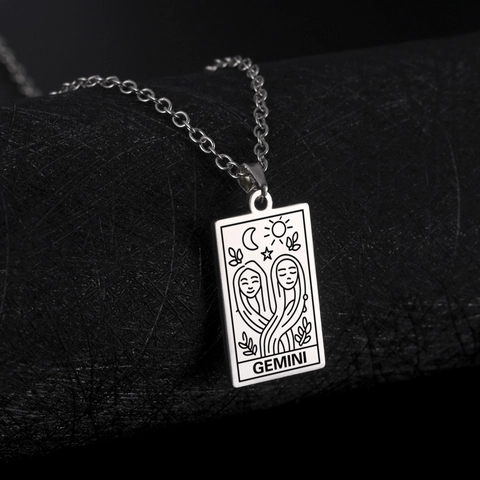 Stainless Steel Vintage Tarot Card Zodiac Sign Pendant Necklace For Women Men Twelve Constellation Jewelry Gift
