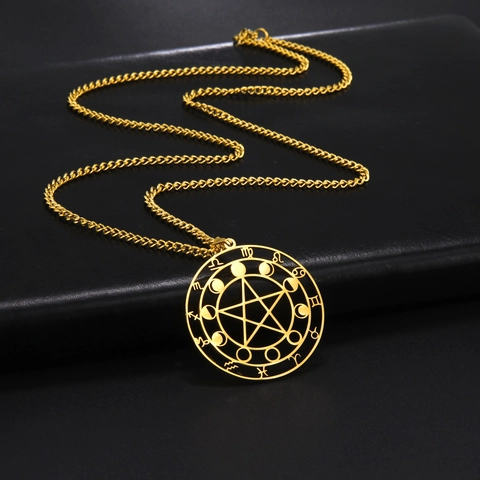Edelstahl Pentagramm Tierkreis Halskette Hohl Mondphase Anhänger Mystischer Wicca Schmuck Für Damen Herren Gold Silber