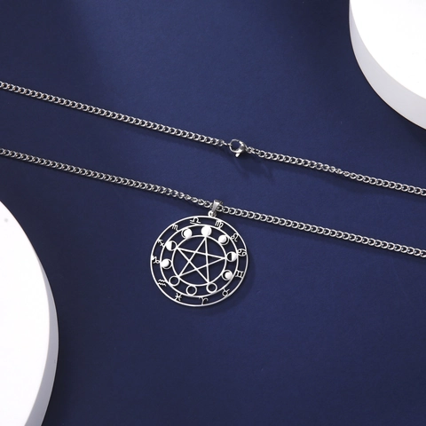 Edelstahl Pentagramm Tierkreis Halskette Hohl Mondphase Anhänger Mystischer Wicca Schmuck Für Damen Herren Gold Silber