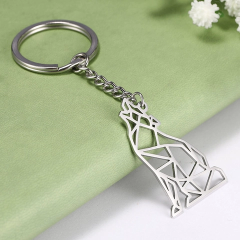 Porte-clés Loup Creux Géométrique en Acier Inoxydable Tête de Loup Animal Porte-clés Accessoire d'Art Moderne pour Hommes Femmes