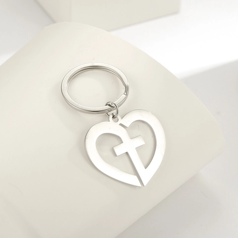 Roestvrij Staal Hart Kruis Sleutelhanger Opengewerkte Hanger Sleutelring Minimalistische Religieuze Sieraden Cadeau Zilver