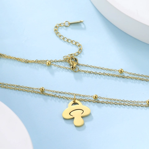 Collier Double Couche en Acier Inoxydable Avec Pendentif Champignon Tétine Or Argent Perles Chaîne Bijoux Femme