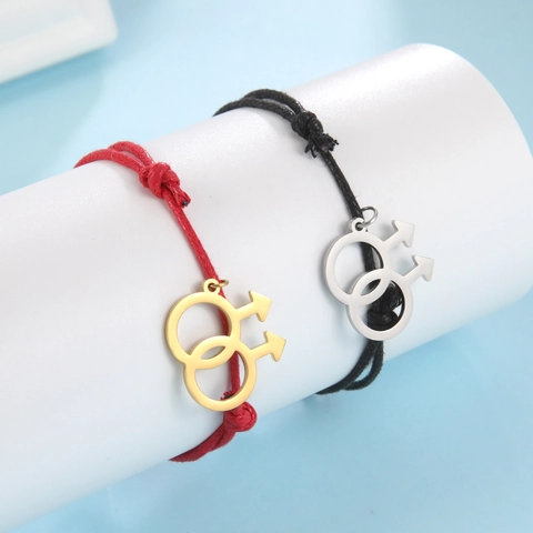 Stainless Steel Double Male Symbol Pendant Braided Wax Cord Adjustable Bracelet For Men LGBTQ Pride Jewelry
