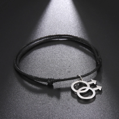 Stainless Steel Double Male Symbol Pendant Braided Wax Cord Adjustable Bracelet For Men LGBTQ Pride Jewelry