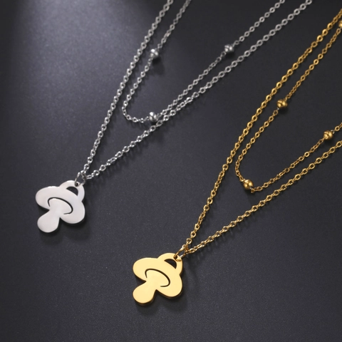 Collier Double Couche en Acier Inoxydable Avec Pendentif Champignon Tétine Or Argent Perles Chaîne Bijoux Femme