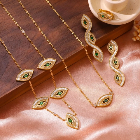 Vintage Stainless Steel Evil Eye Necklace Long Drop Earrings And Ring Gold Plated Green Zirconia Jewelry For Women